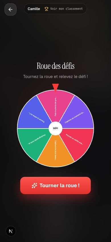 Capture de l’application : roue des défis photo pour les invités