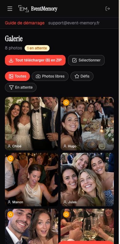 Capture de l’application : galerie de photos des invités et téléchargement en ZIP
