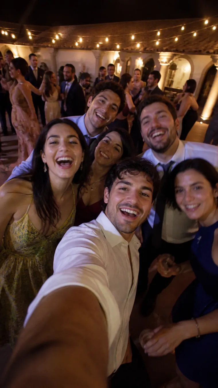 Selfie des invités sur la piste de danse du mariage