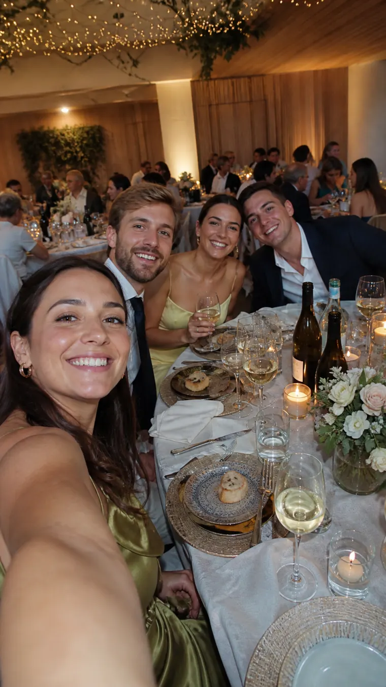Selfie d'invités à table pendant un mariage