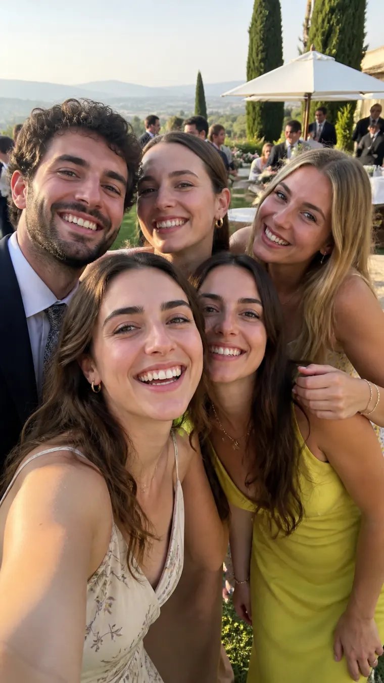 Selfie de groupe des invités pendant le cocktail de mariage